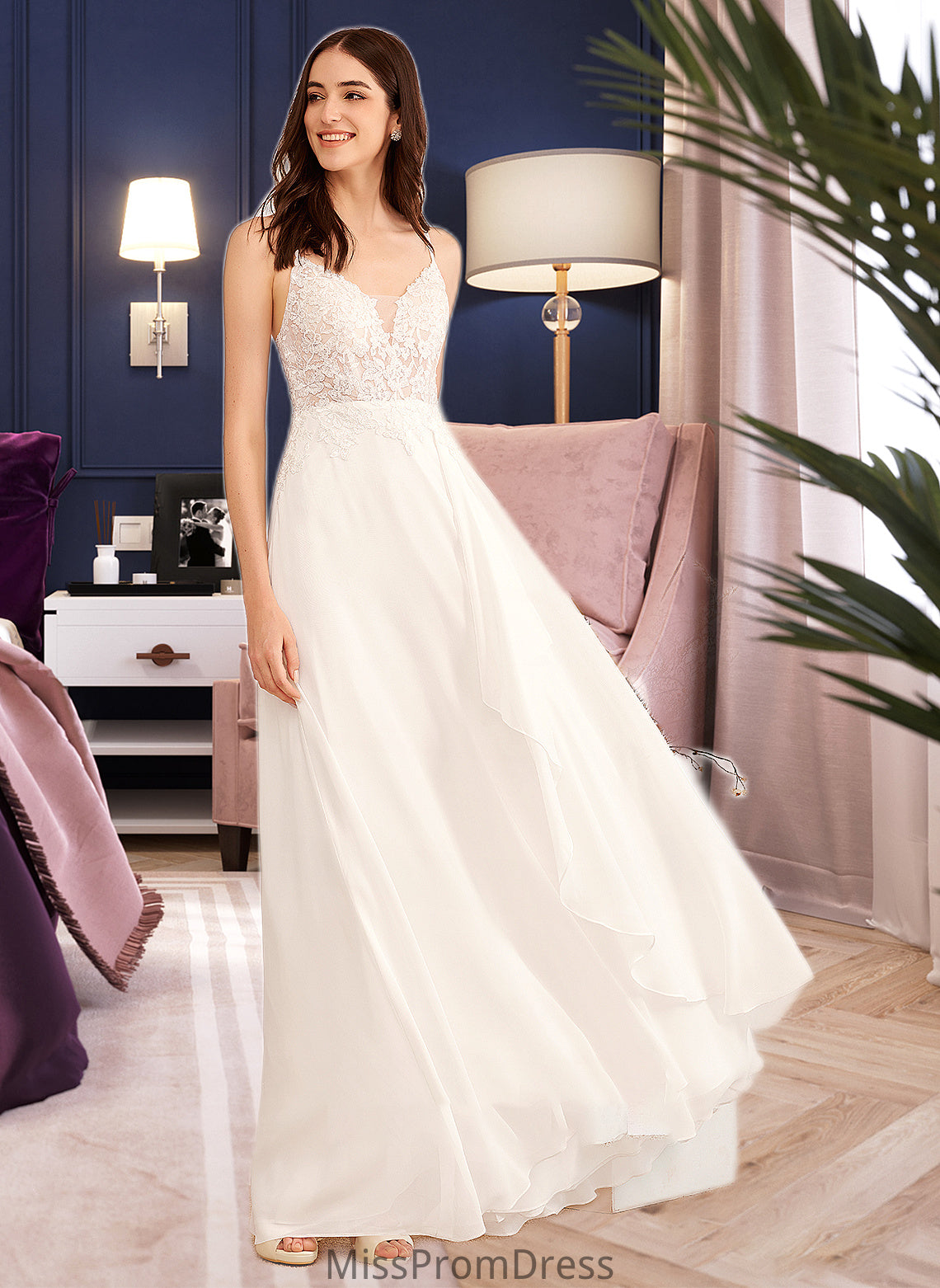 Isis A-Line V-neck Floor-Length Wedding Dress With Sequins HMP0013797