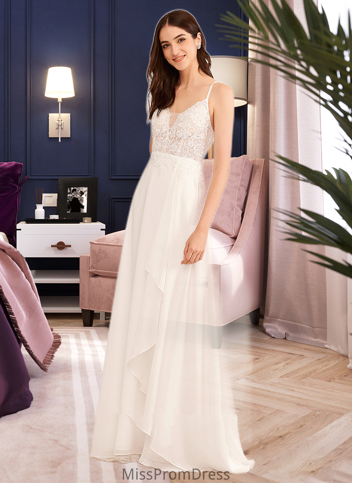 Isis A-Line V-neck Floor-Length Wedding Dress With Sequins HMP0013797