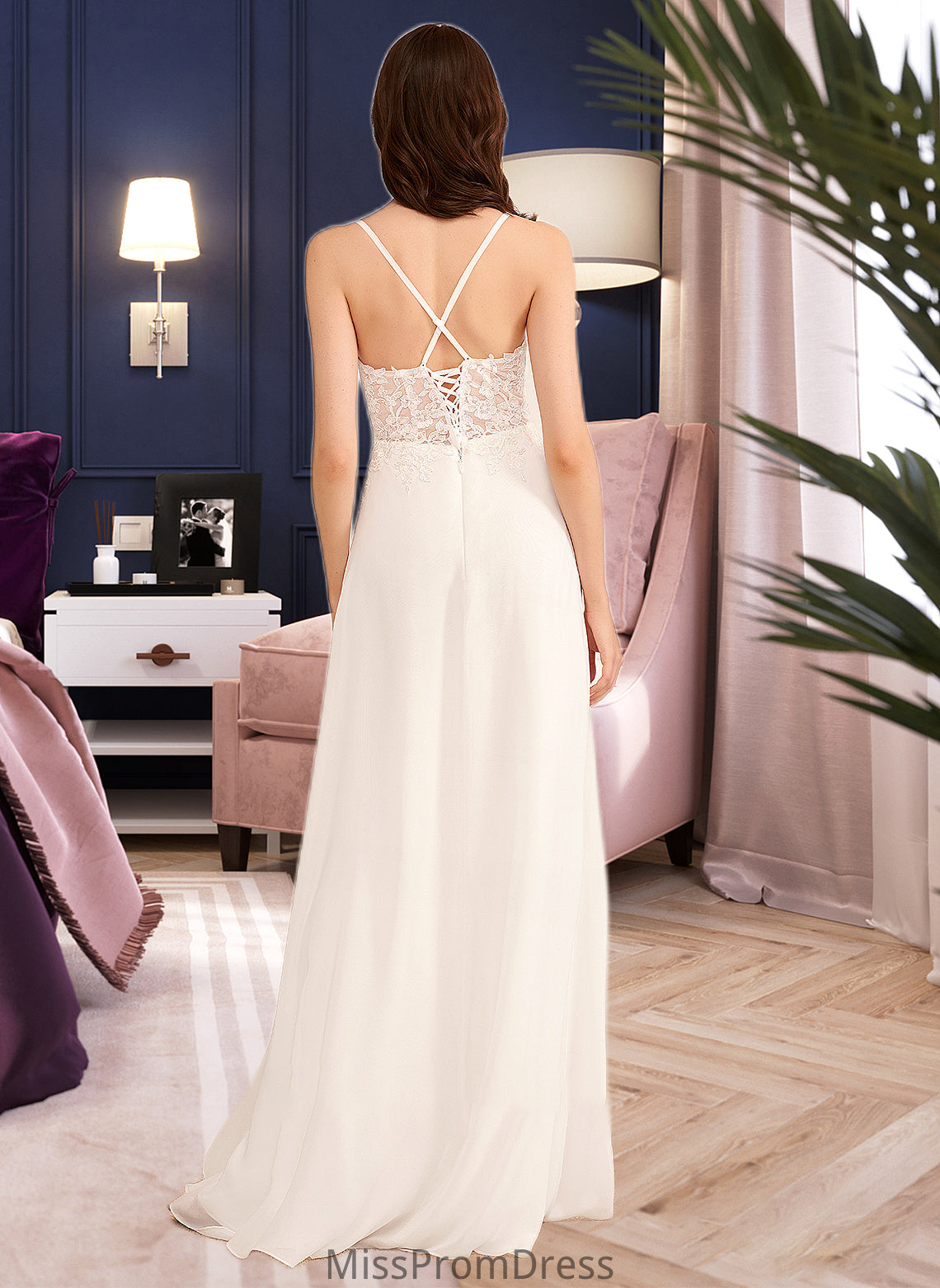 Isis A-Line V-neck Floor-Length Wedding Dress With Sequins HMP0013797