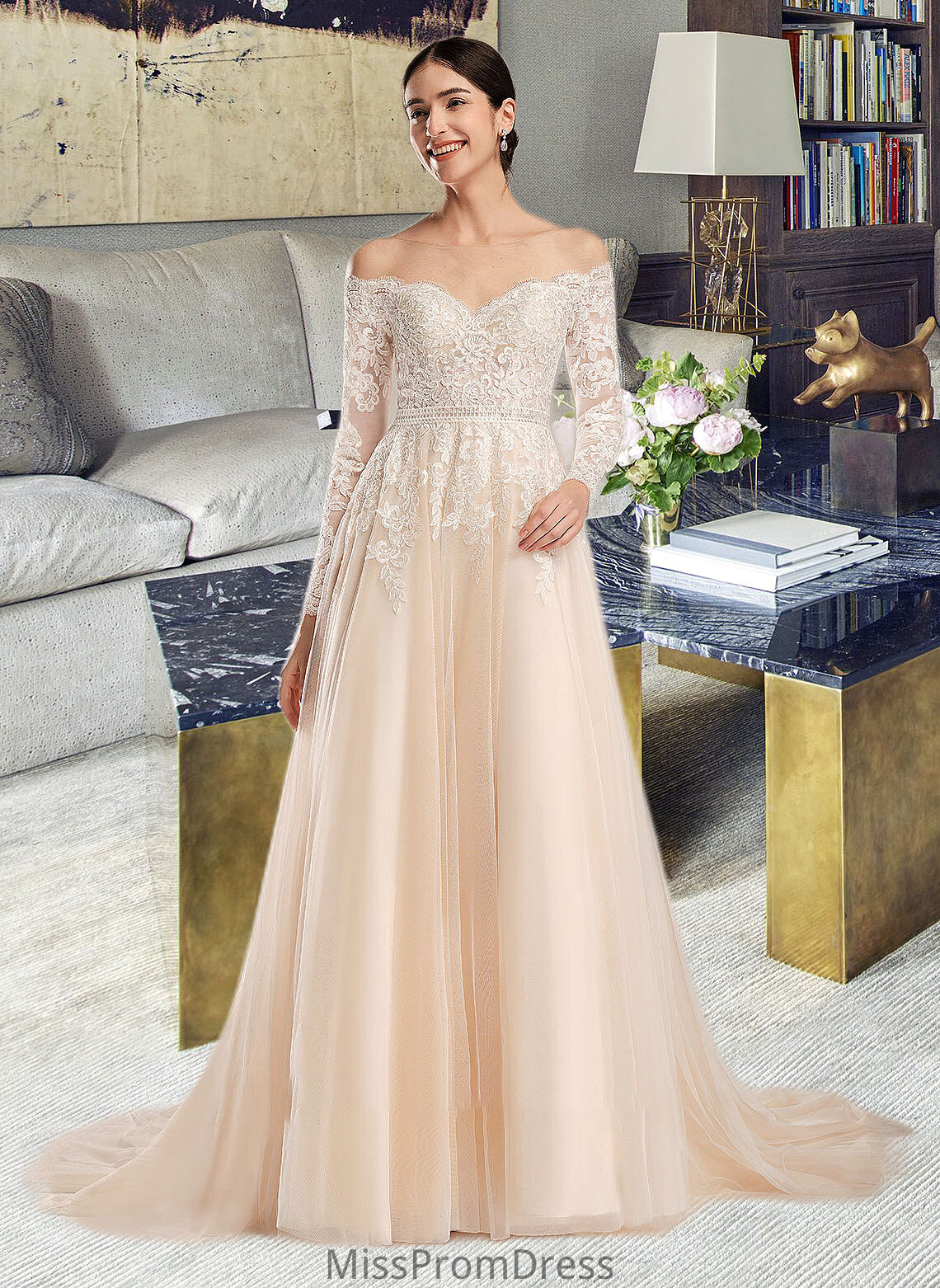 Perla Ball-Gown/Princess Illusion Chapel Train Wedding Dress With Sequins HMP0013798