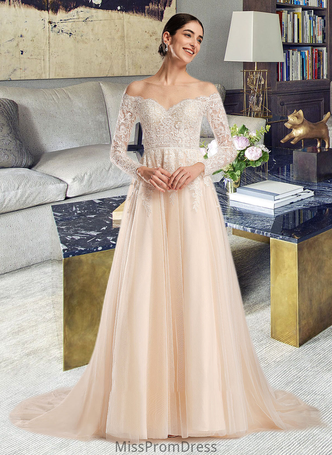 Perla Ball-Gown/Princess Illusion Chapel Train Wedding Dress With Sequins HMP0013798