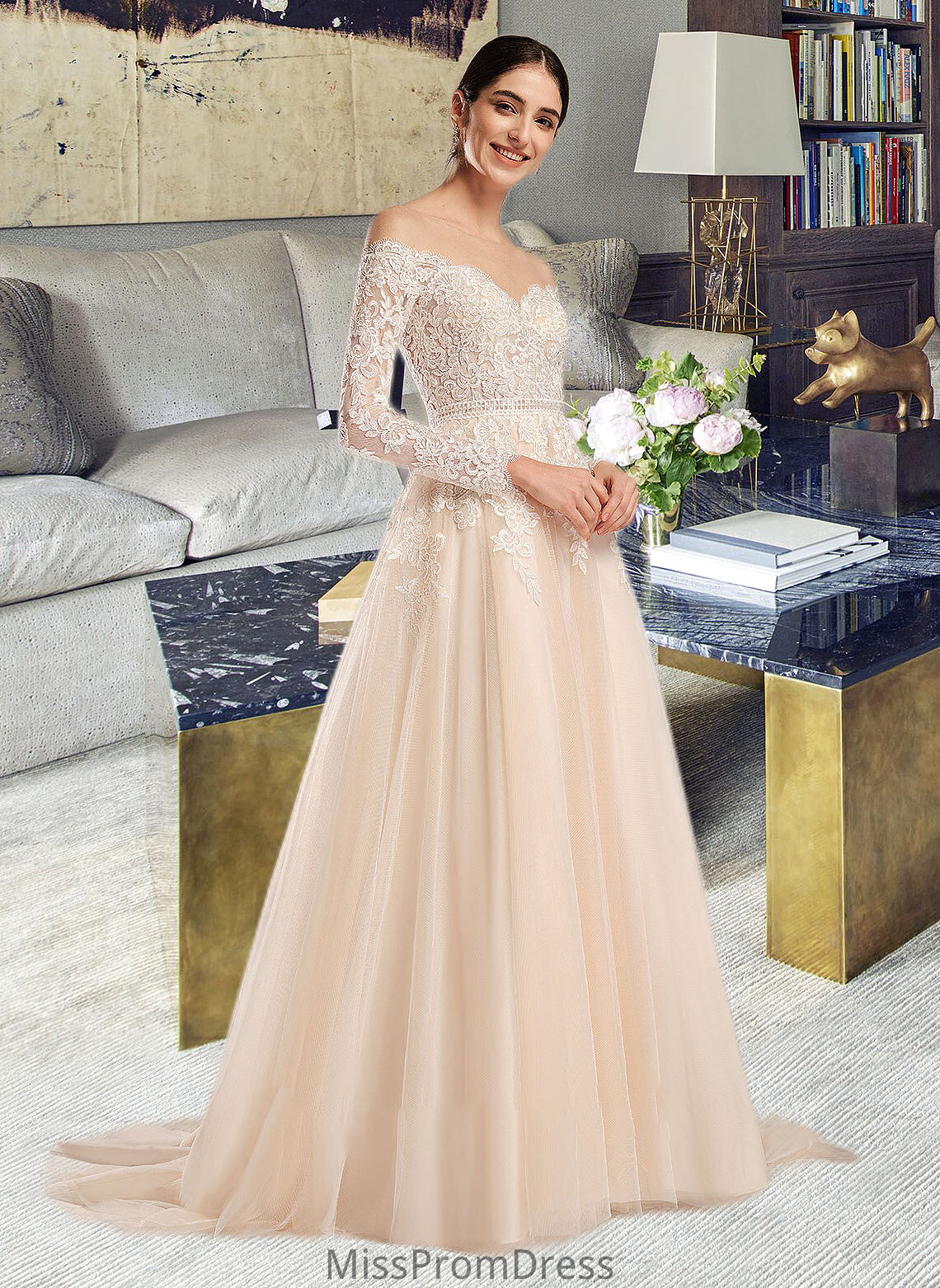 Perla Ball-Gown/Princess Illusion Chapel Train Wedding Dress With Sequins HMP0013798