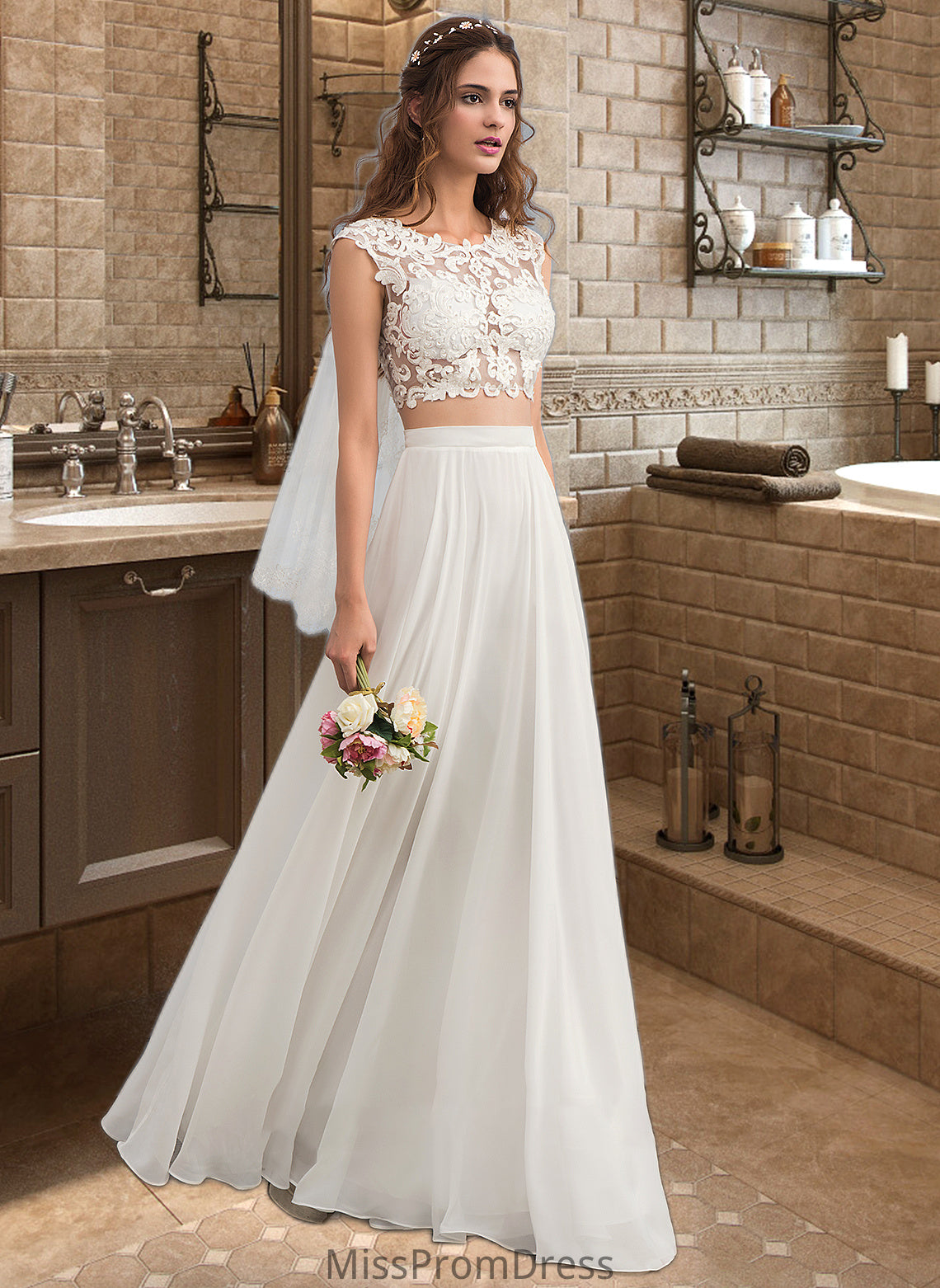 Erin A-Line Scoop Neck Floor-Length Chiffon Wedding Dress With Beading Sequins HMP0013799