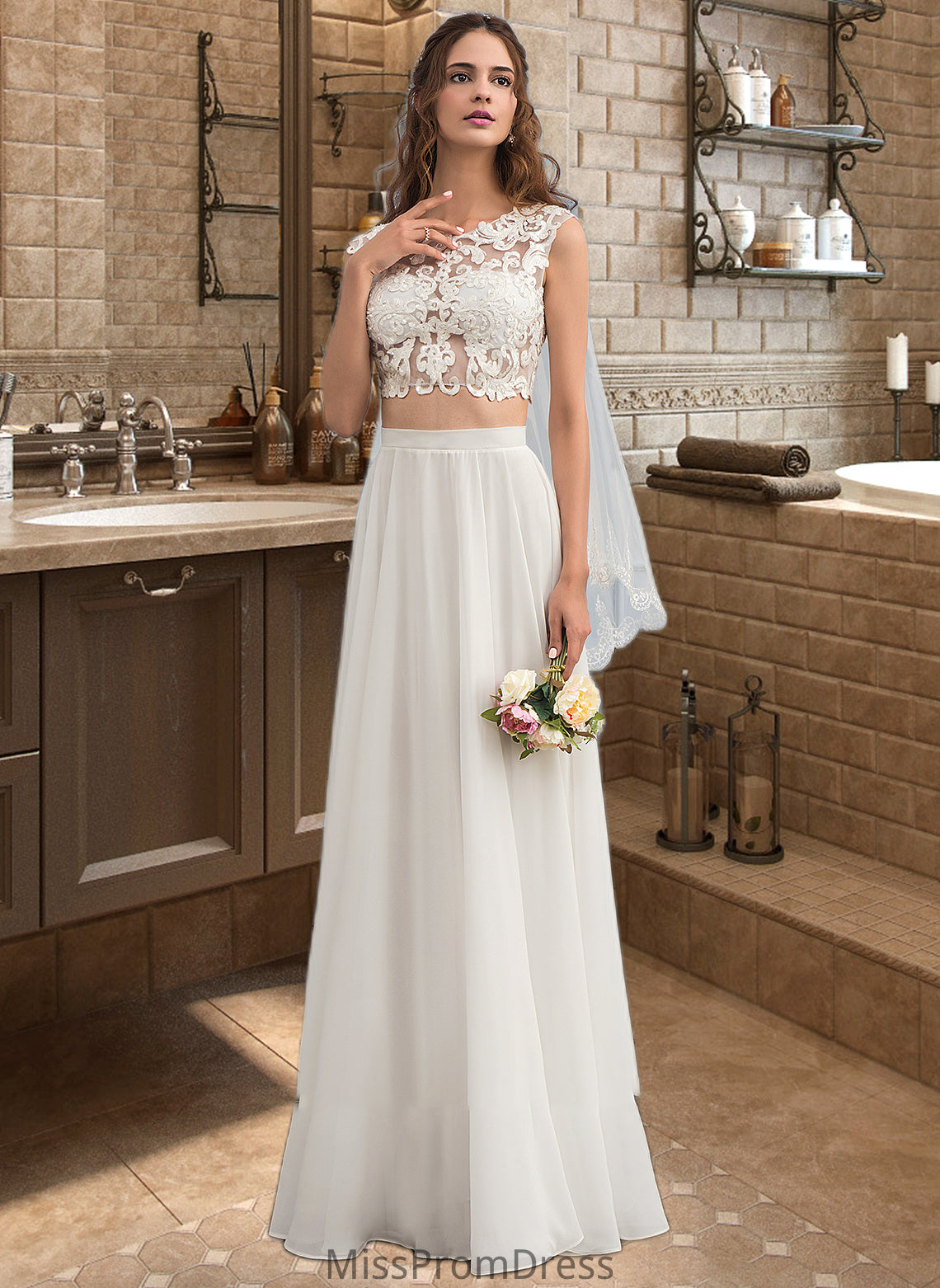 Erin A-Line Scoop Neck Floor-Length Chiffon Wedding Dress With Beading Sequins HMP0013799