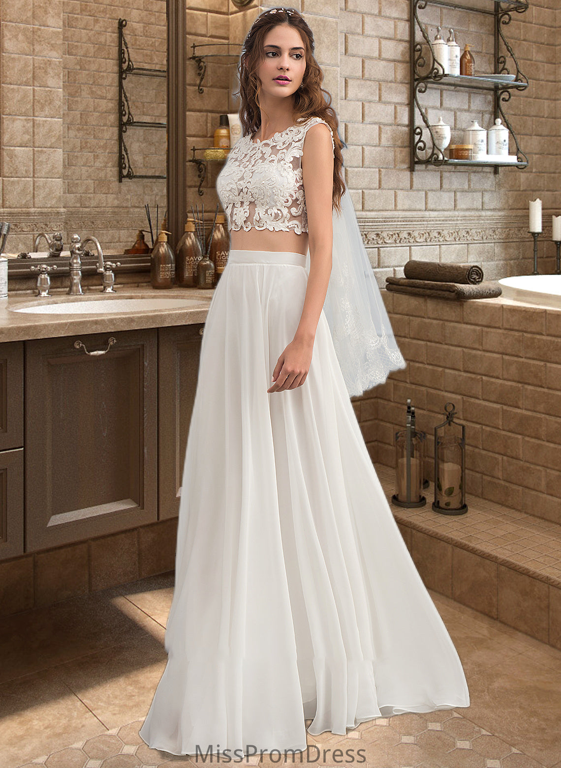 Erin A-Line Scoop Neck Floor-Length Chiffon Wedding Dress With Beading Sequins HMP0013799