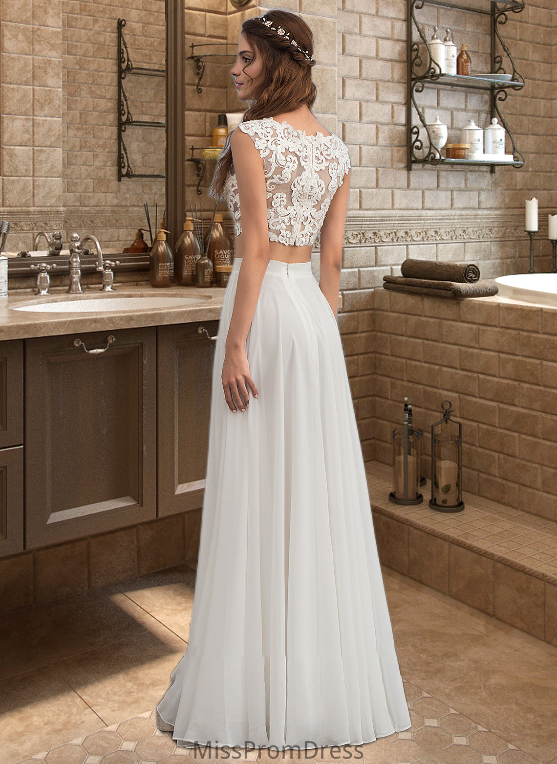 Erin A-Line Scoop Neck Floor-Length Chiffon Wedding Dress With Beading Sequins HMP0013799