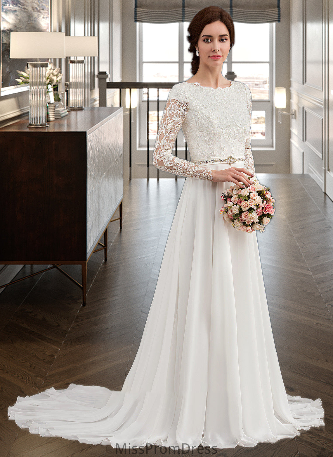 Kenya A-Line Scoop Neck Court Train Chiffon Wedding Dress With Beading HMP0013800