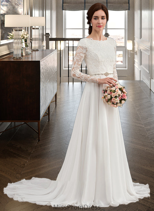 Kenya A-Line Scoop Neck Court Train Chiffon Wedding Dress With Beading HMP0013800