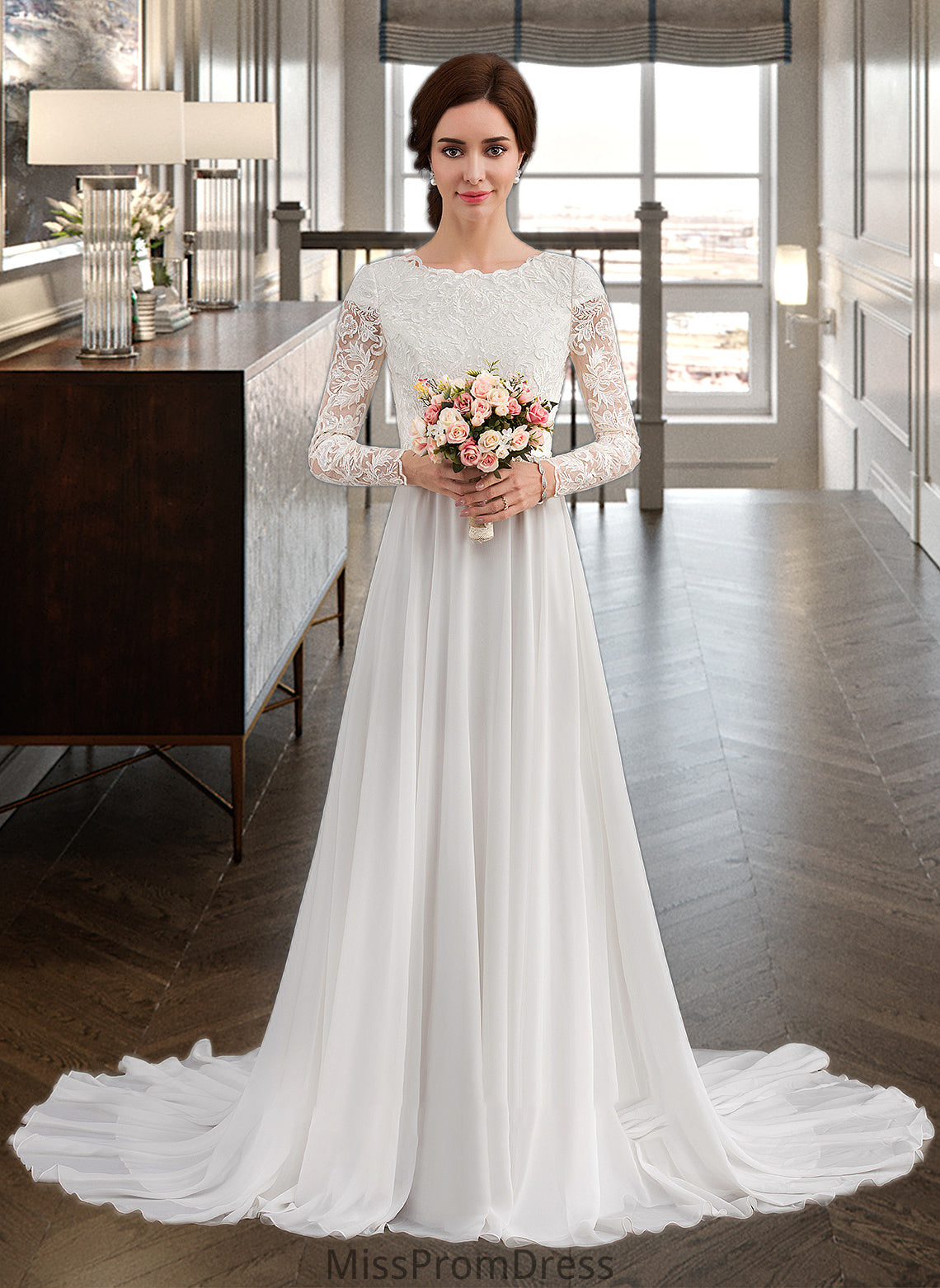 Kenya A-Line Scoop Neck Court Train Chiffon Wedding Dress With Beading HMP0013800