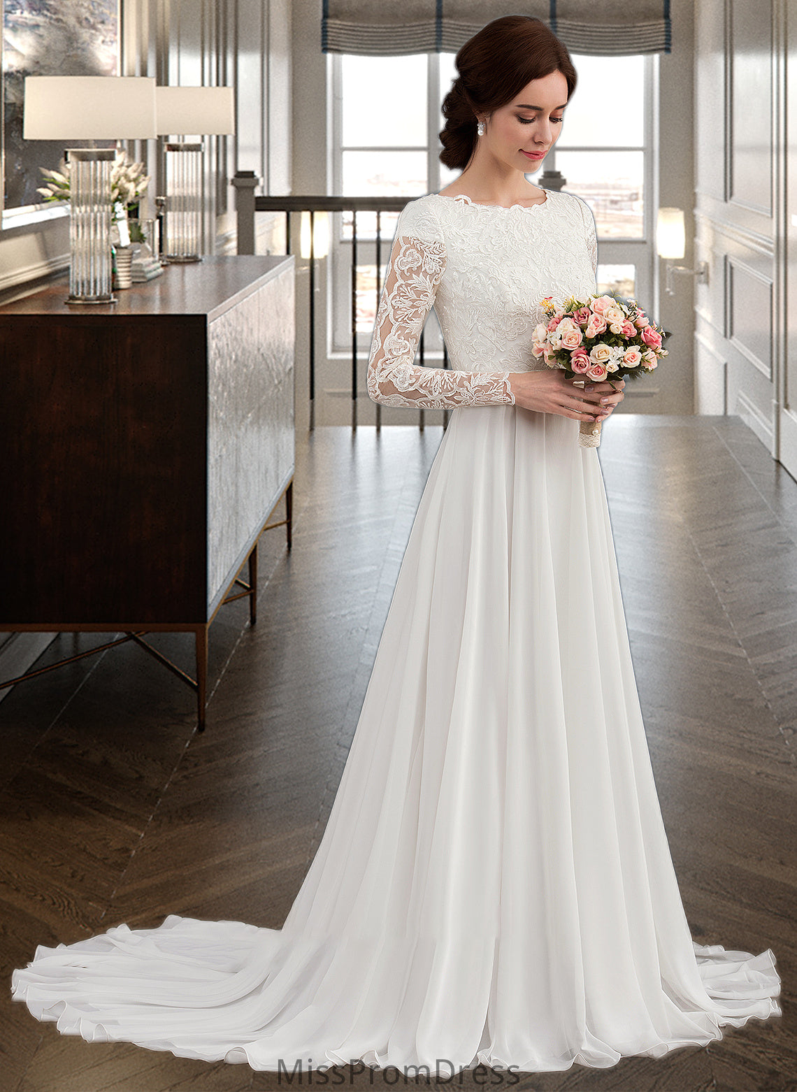 Kenya A-Line Scoop Neck Court Train Chiffon Wedding Dress With Beading HMP0013800