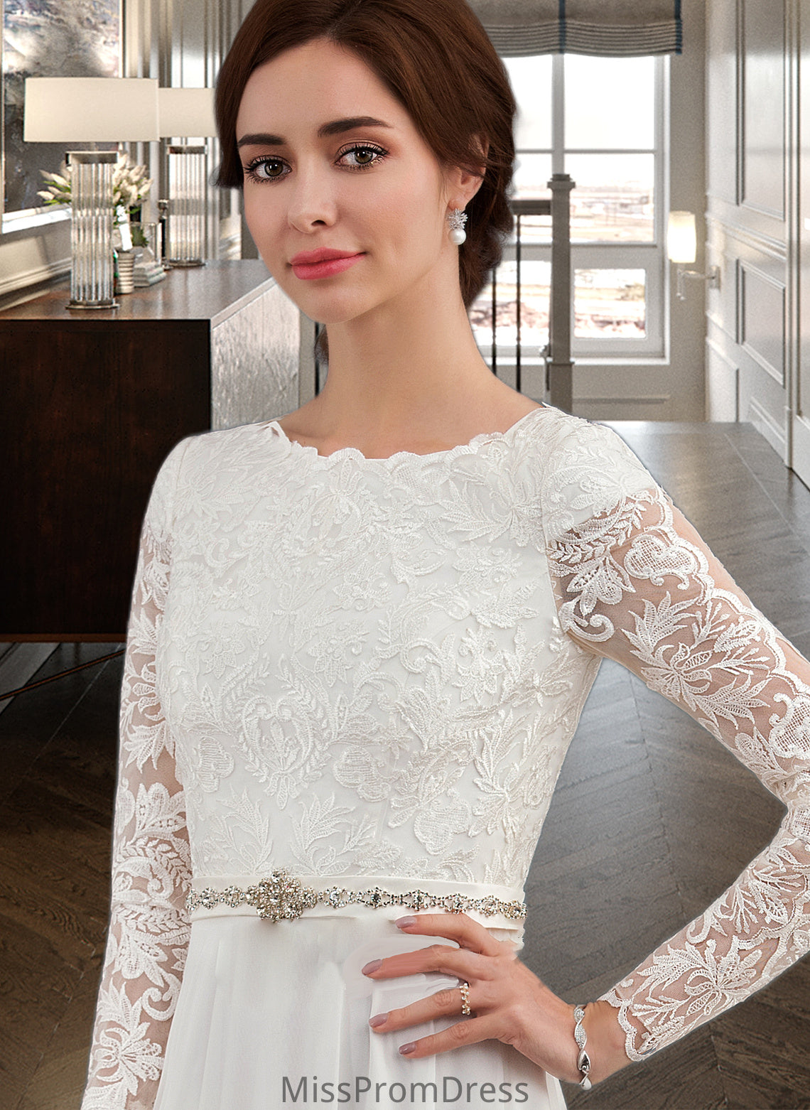 Kenya A-Line Scoop Neck Court Train Chiffon Wedding Dress With Beading HMP0013800