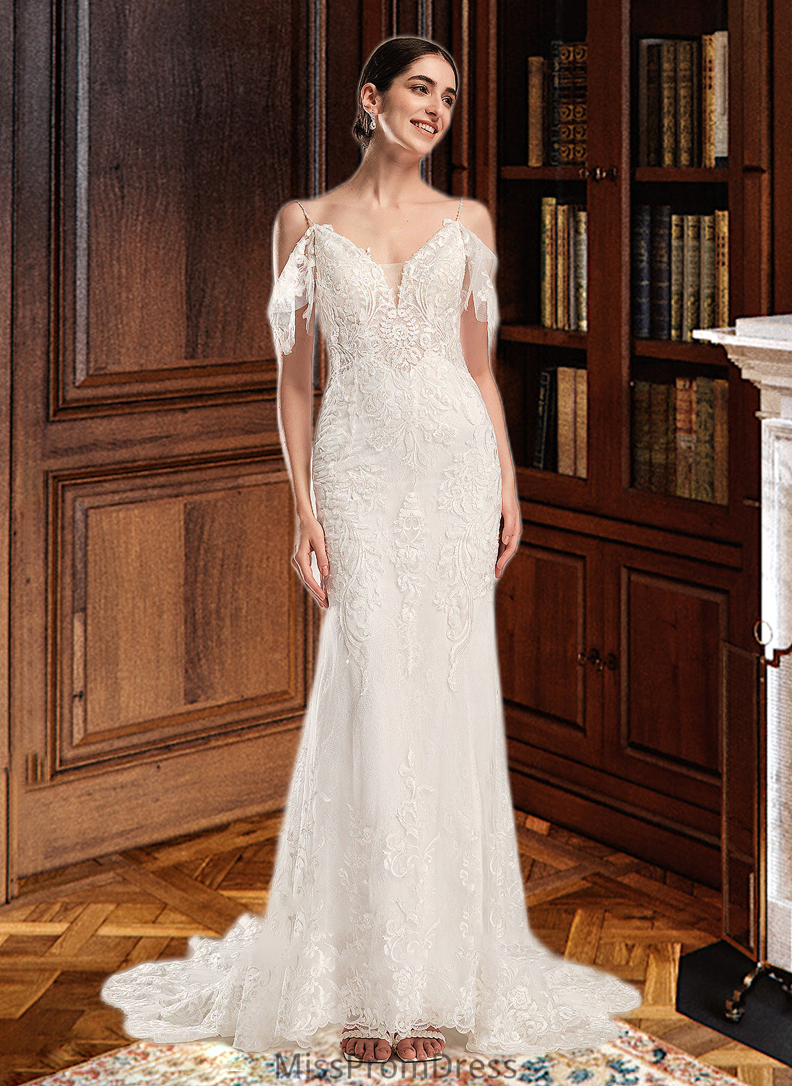 Jayleen Trumpet/Mermaid V-neck Chapel Train Wedding Dress With Beading Sequins HMP0013802