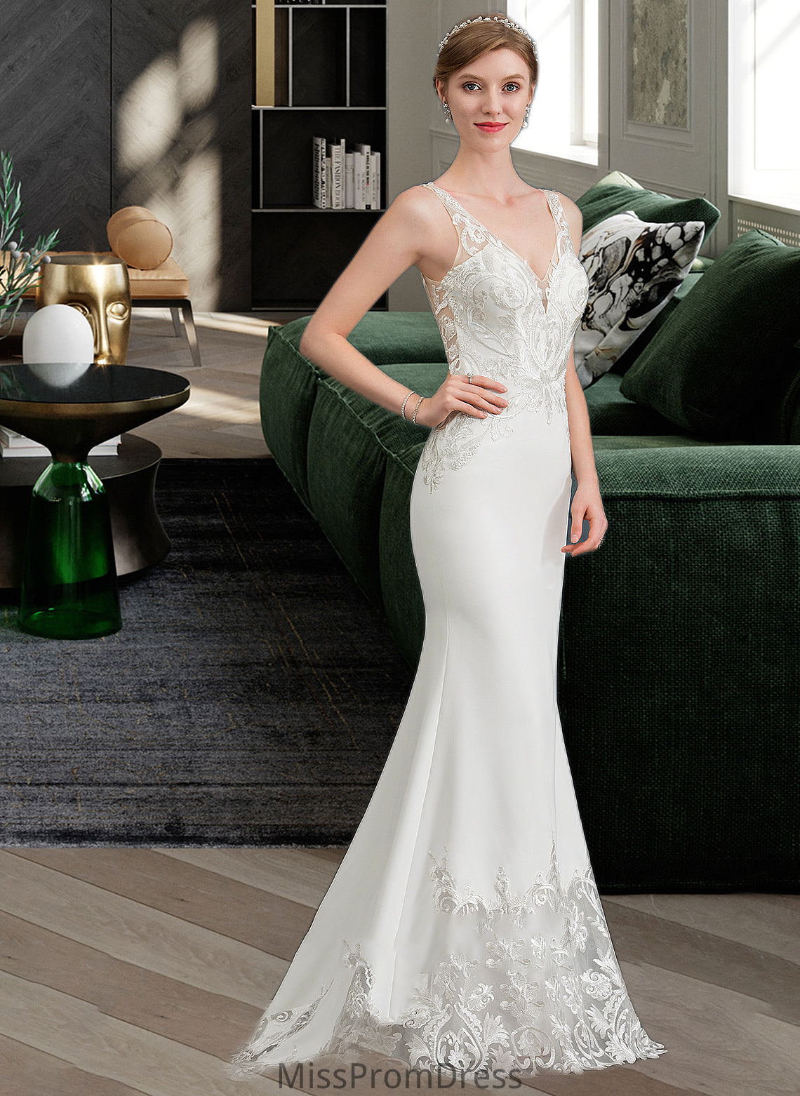 Yvonne Trumpet/Mermaid V-neck Court Train Stretch Crepe Wedding Dress HMP0013803