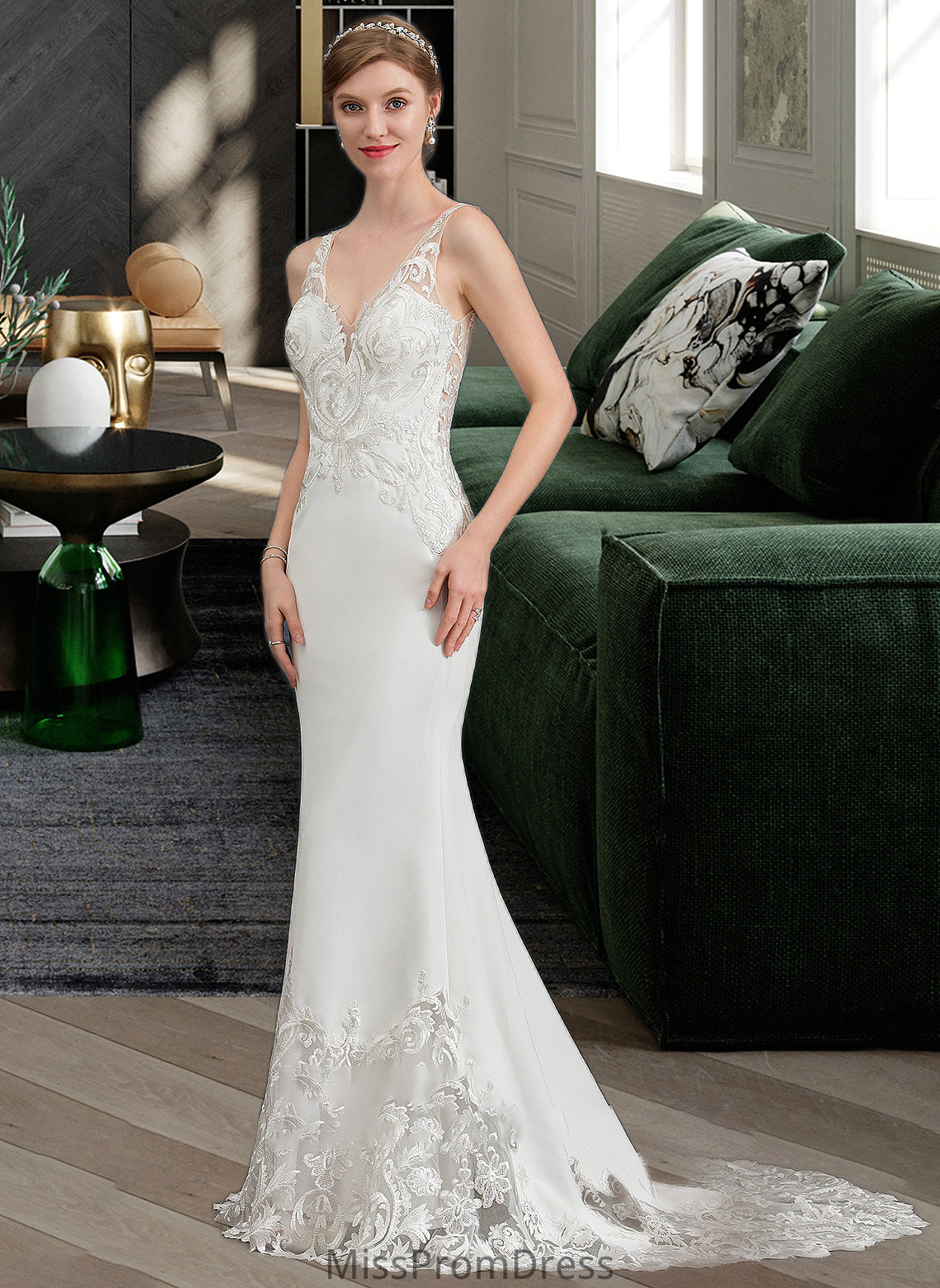 Yvonne Trumpet/Mermaid V-neck Court Train Stretch Crepe Wedding Dress HMP0013803