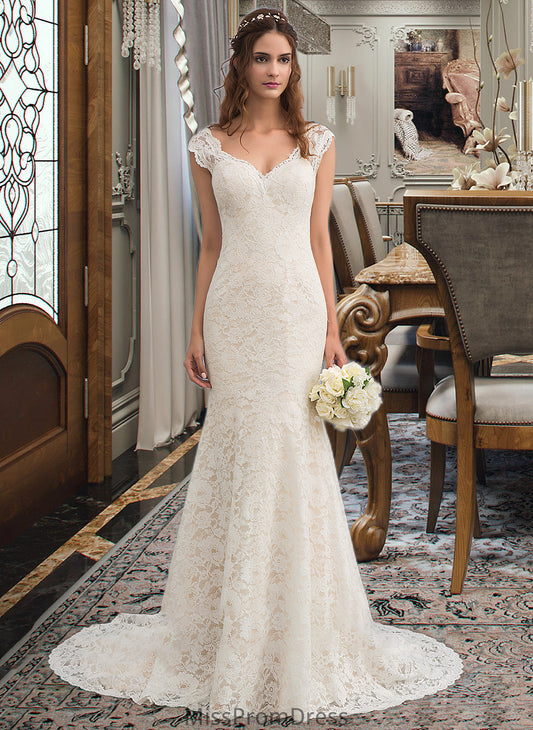 Nicole Trumpet/Mermaid V-neck Court Train Lace Wedding Dress HMP0013804