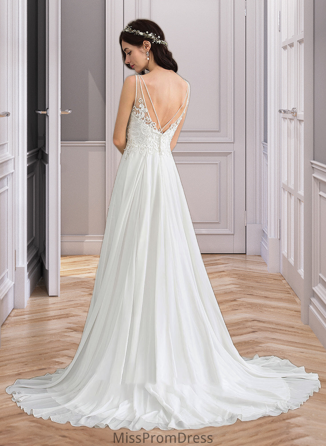 Naomi A-Line V-neck Sweep Train Chiffon Wedding Dress With Beading Sequins Split Front HMP0013806