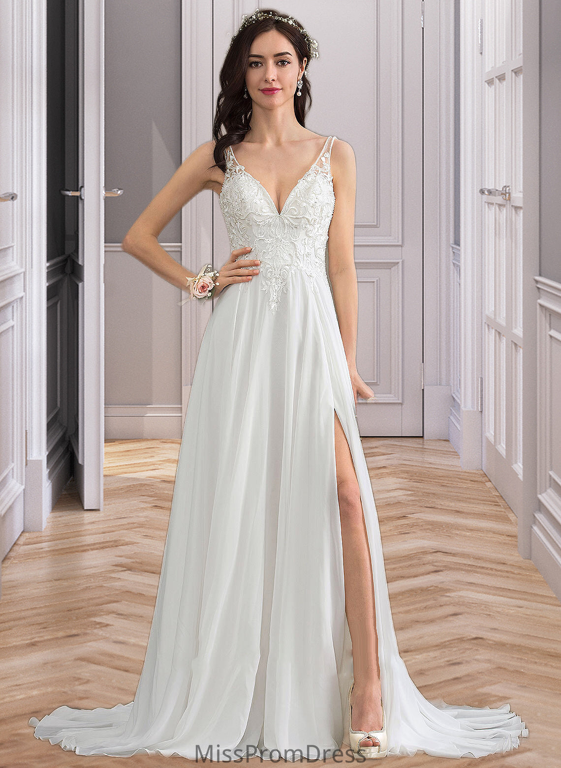 Naomi A-Line V-neck Sweep Train Chiffon Wedding Dress With Beading Sequins Split Front HMP0013806