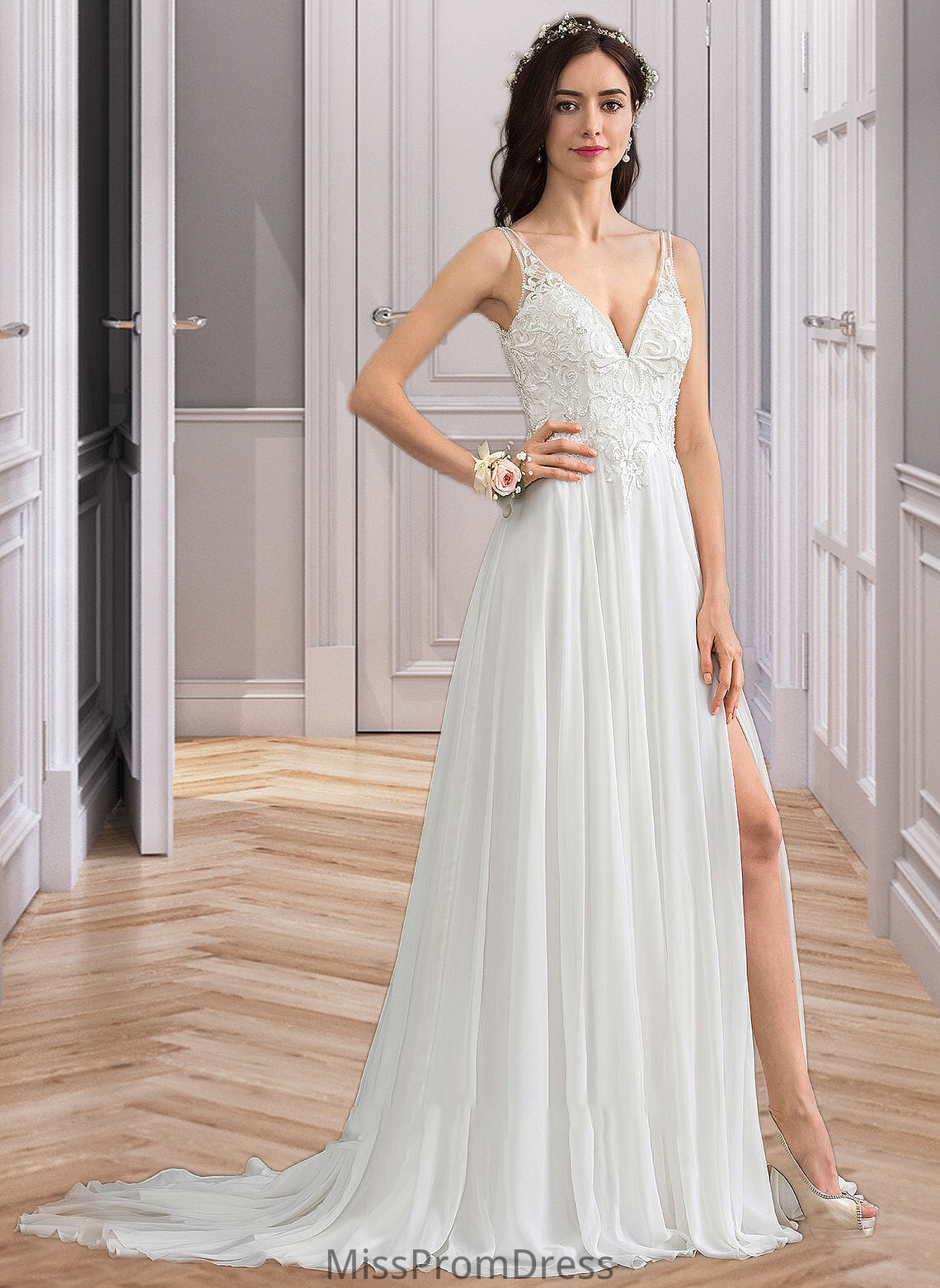 Naomi A-Line V-neck Sweep Train Chiffon Wedding Dress With Beading Sequins Split Front HMP0013806