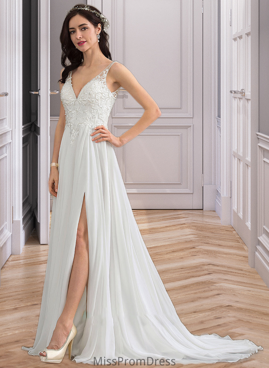 Naomi A-Line V-neck Sweep Train Chiffon Wedding Dress With Beading Sequins Split Front HMP0013806