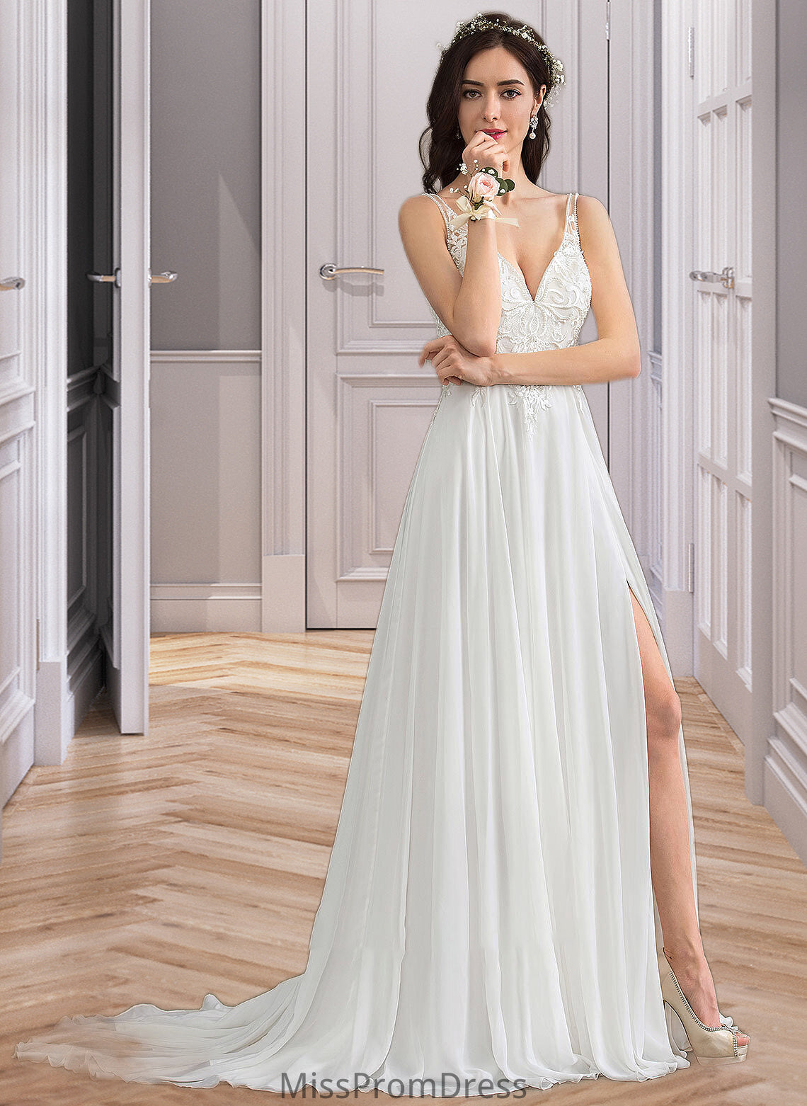 Naomi A-Line V-neck Sweep Train Chiffon Wedding Dress With Beading Sequins Split Front HMP0013806