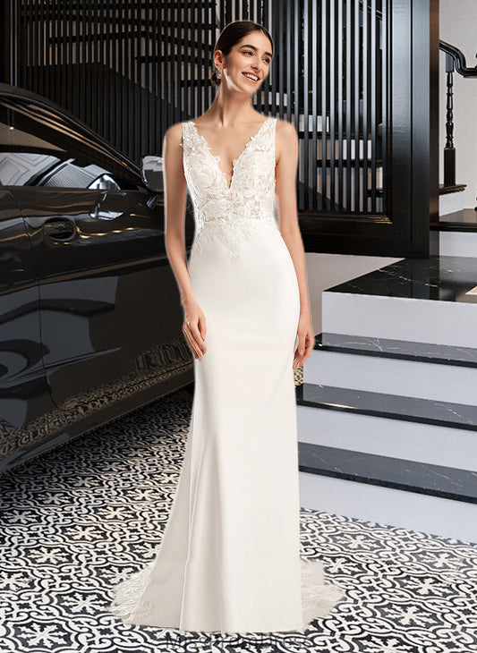 Rose Sheath/Column V-neck Court Train Wedding Dress With Sequins HMP0013807