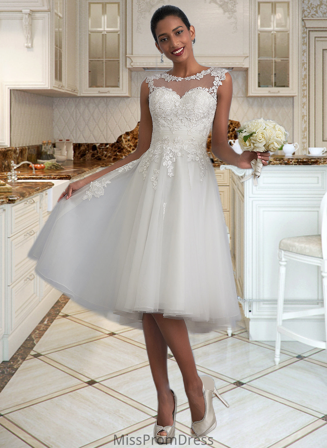 Savanna A-Line Illusion Asymmetrical Tulle Wedding Dress With Ruffle HMP0013808