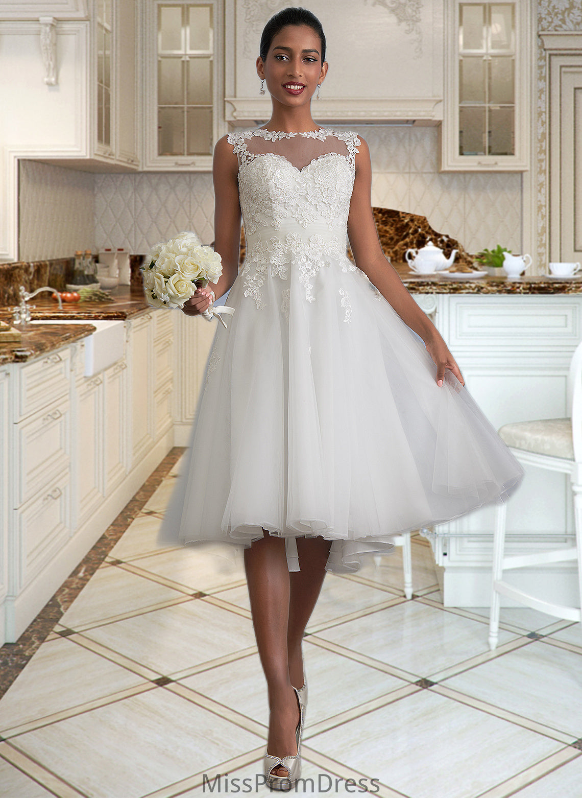 Savanna A-Line Illusion Asymmetrical Tulle Wedding Dress With Ruffle HMP0013808