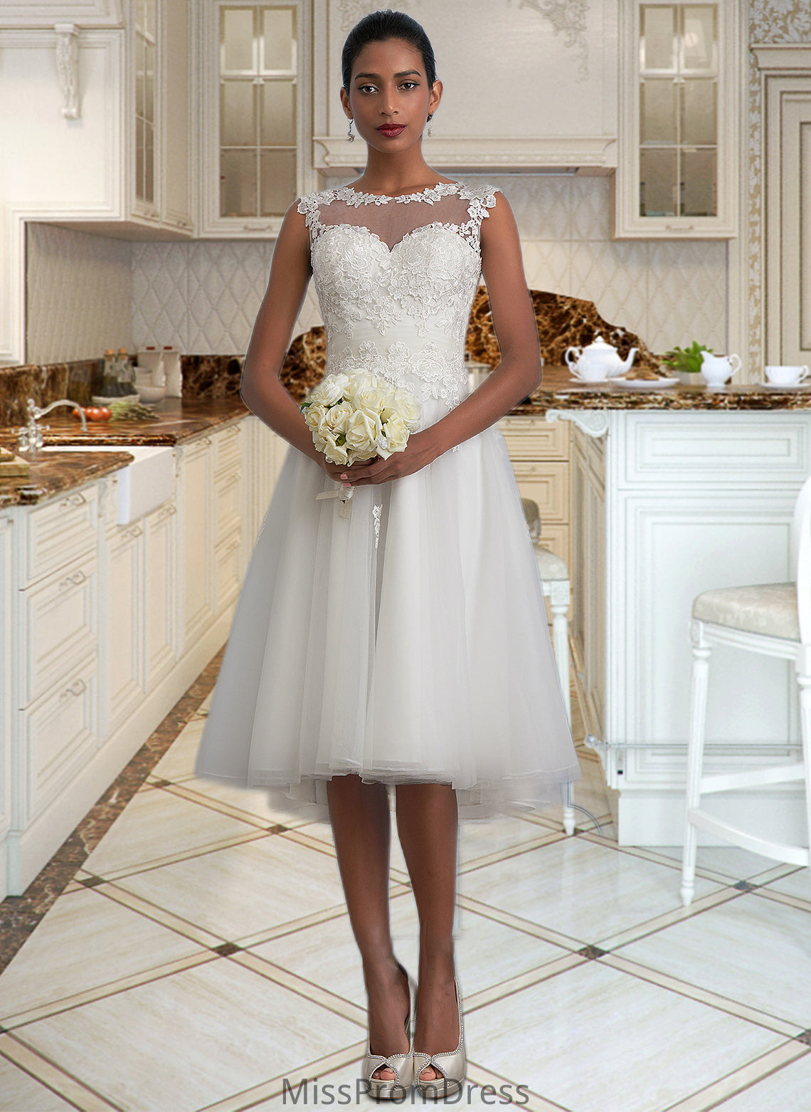 Savanna A-Line Illusion Asymmetrical Tulle Wedding Dress With Ruffle HMP0013808