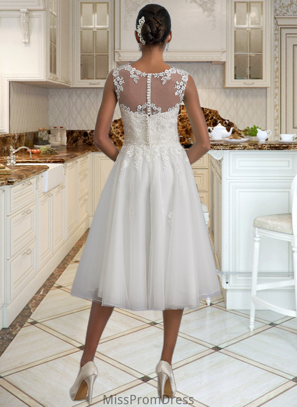 Savanna A-Line Illusion Asymmetrical Tulle Wedding Dress With Ruffle HMP0013808