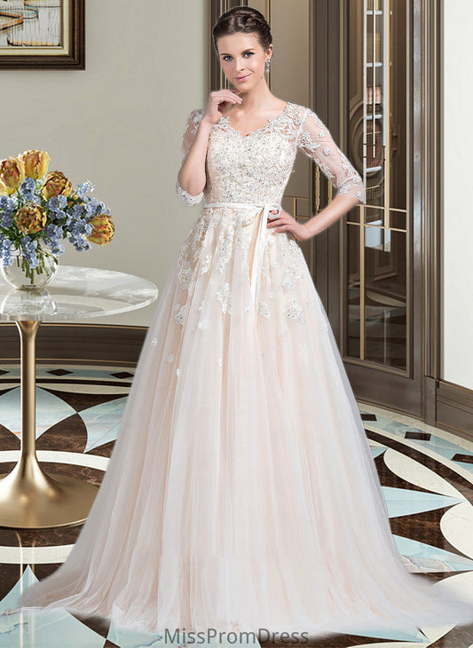 Cheyenne Ball-Gown/Princess V-neck Court Train Tulle Wedding Dress With Beading Appliques Lace Sequins Bow(s) HMP0013809