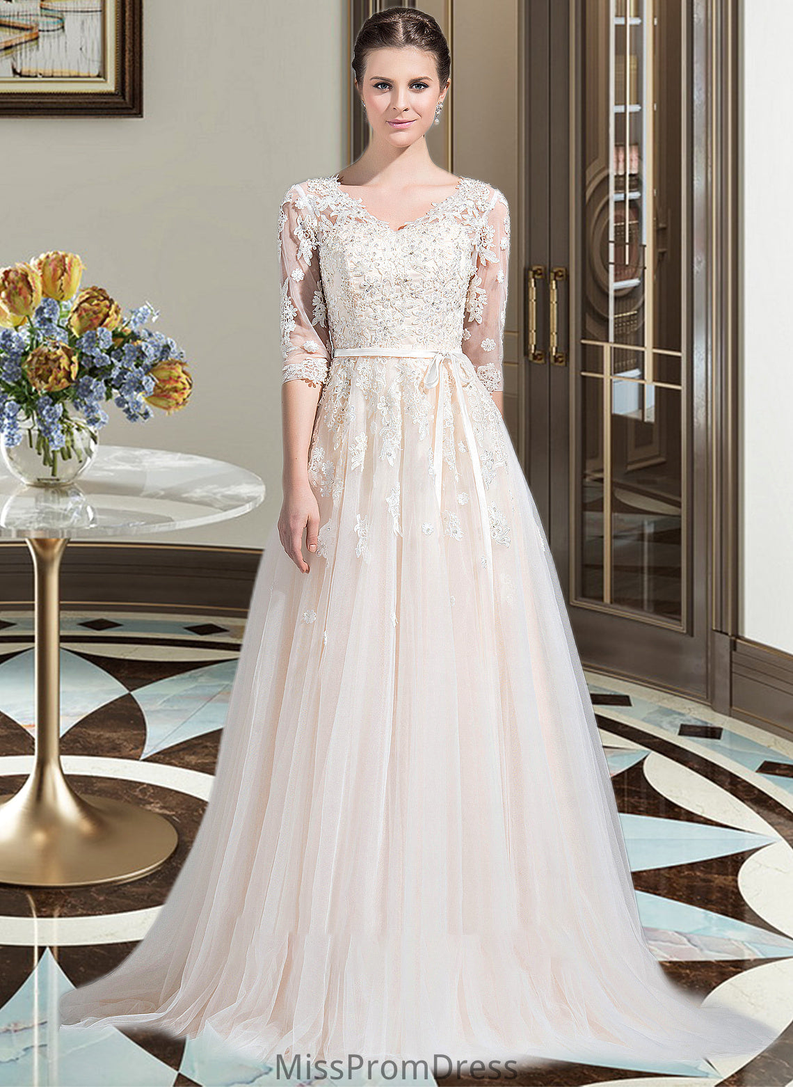 Cheyenne Ball-Gown/Princess V-neck Court Train Tulle Wedding Dress With Beading Appliques Lace Sequins Bow(s) HMP0013809