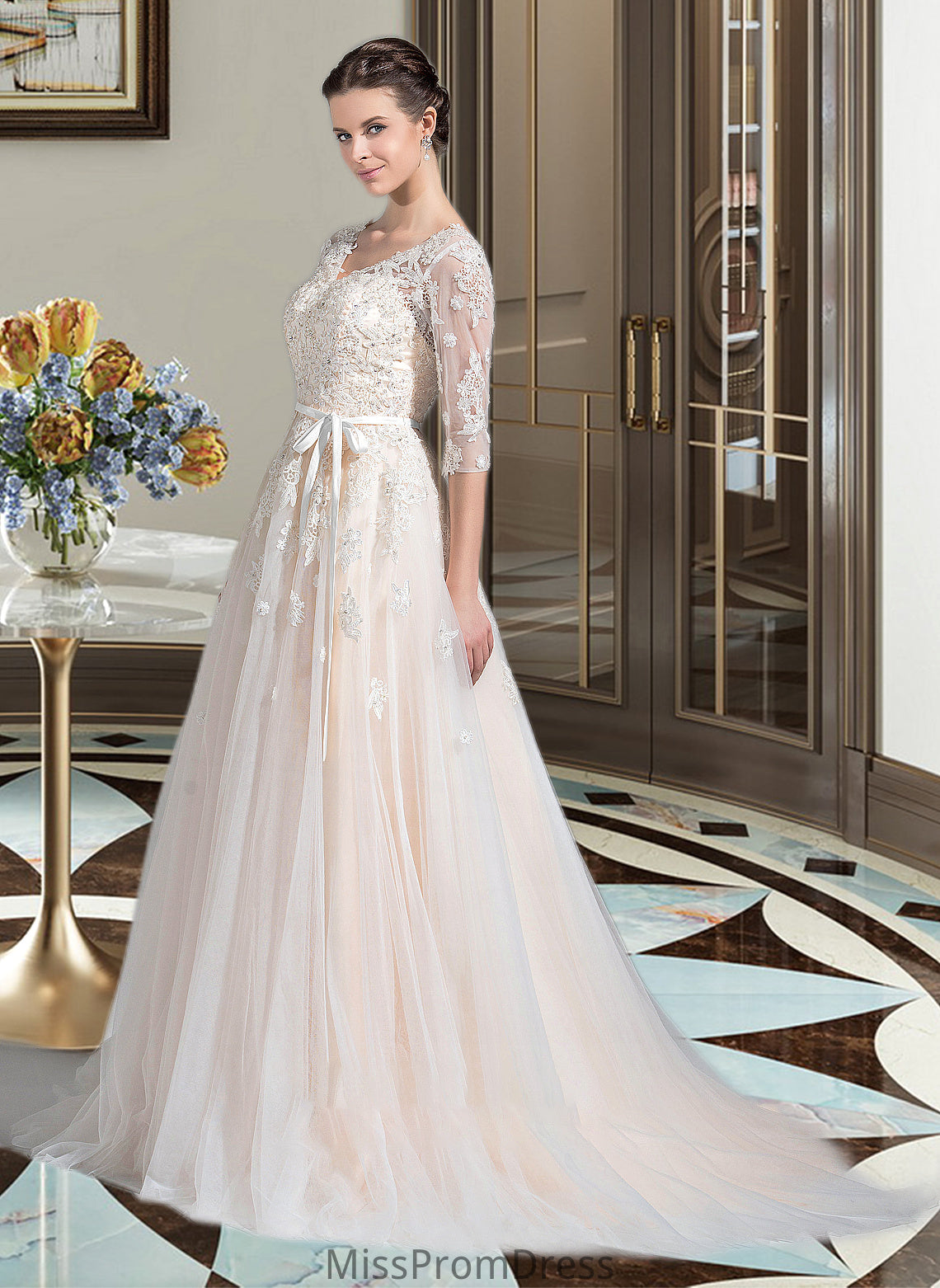 Cheyenne Ball-Gown/Princess V-neck Court Train Tulle Wedding Dress With Beading Appliques Lace Sequins Bow(s) HMP0013809