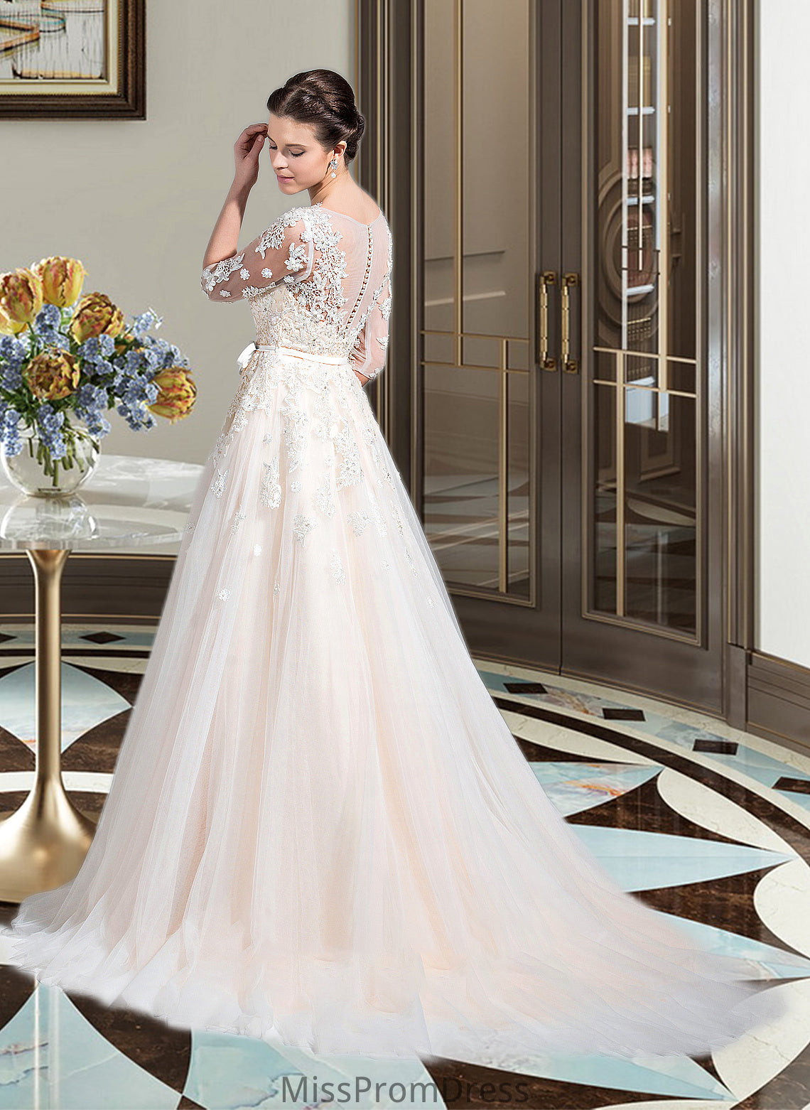 Cheyenne Ball-Gown/Princess V-neck Court Train Tulle Wedding Dress With Beading Appliques Lace Sequins Bow(s) HMP0013809