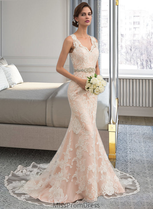 Yesenia Trumpet/Mermaid V-neck Chapel Train Tulle Lace Wedding Dress With Beading HMP0013810