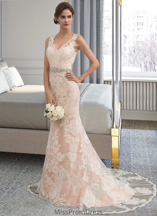 Yesenia Trumpet/Mermaid V-neck Chapel Train Tulle Lace Wedding Dress With Beading HMP0013810