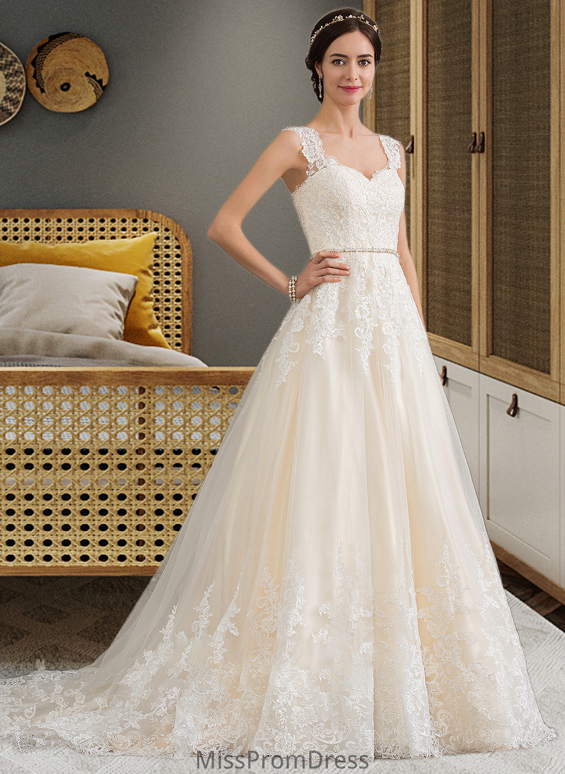 Shania Ball-Gown/Princess Sweetheart Court Train Tulle Wedding Dress With Beading Sequins HMP0013813