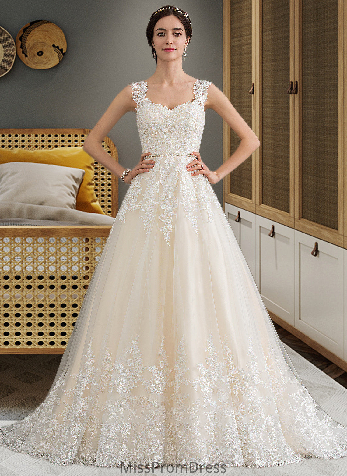 Shania Ball-Gown/Princess Sweetheart Court Train Tulle Wedding Dress With Beading Sequins HMP0013813