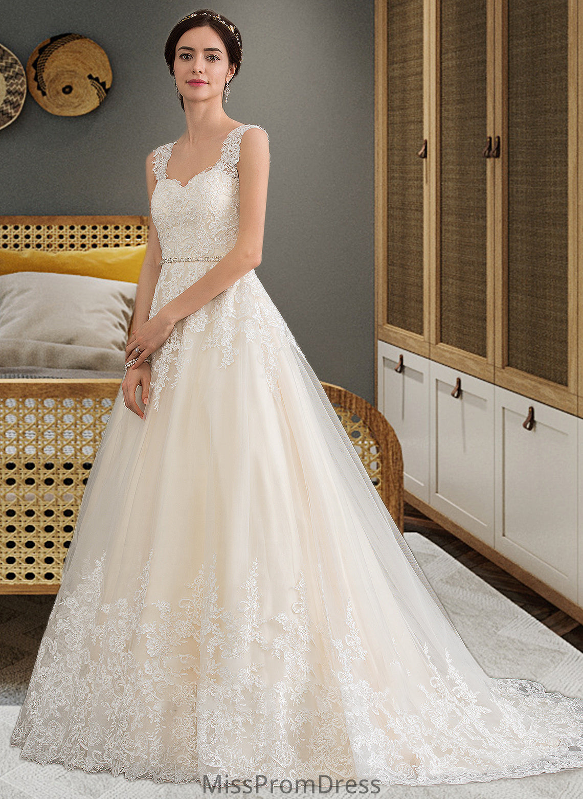 Shania Ball-Gown/Princess Sweetheart Court Train Tulle Wedding Dress With Beading Sequins HMP0013813