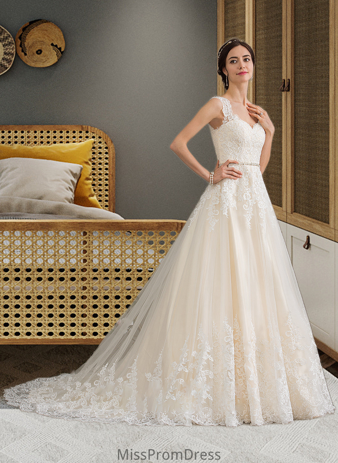 Shania Ball-Gown/Princess Sweetheart Court Train Tulle Wedding Dress With Beading Sequins HMP0013813