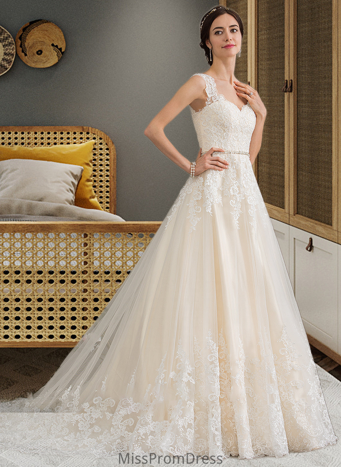 Shania Ball-Gown/Princess Sweetheart Court Train Tulle Wedding Dress With Beading Sequins HMP0013813