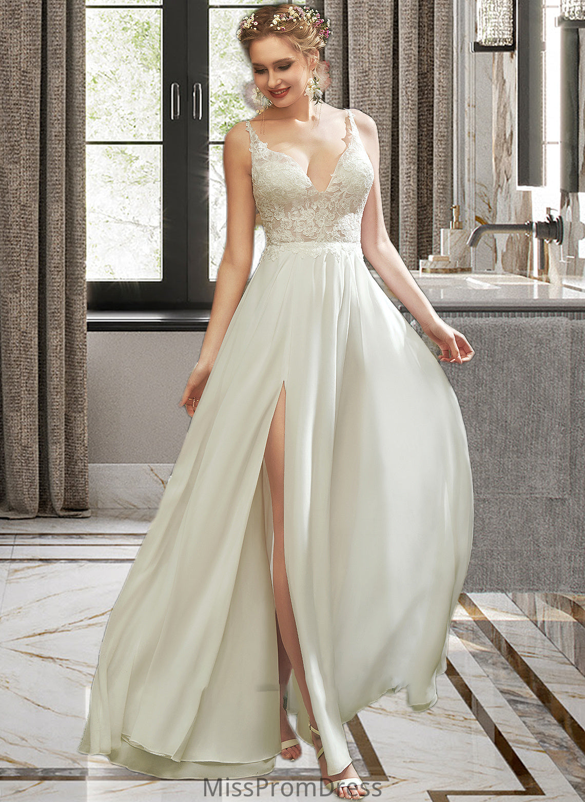 Annabelle A-Line V-neck Floor-Length Wedding Dress With Lace Split Front HMP0013815