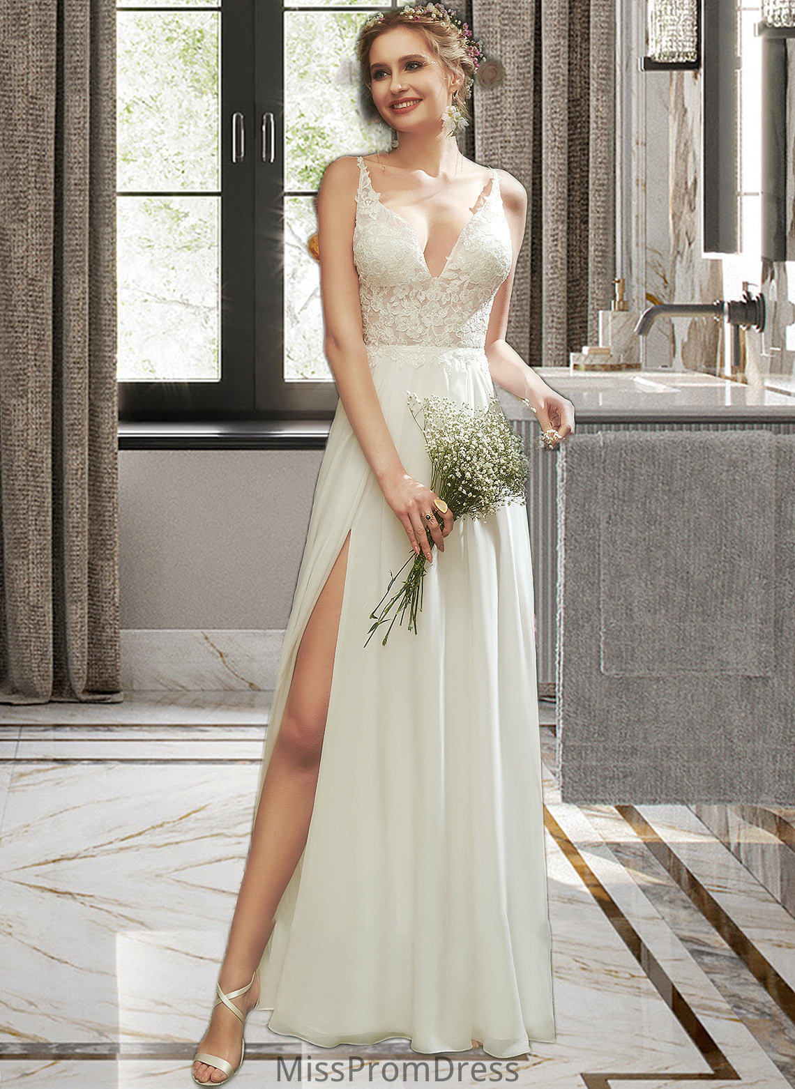 Annabelle A-Line V-neck Floor-Length Wedding Dress With Lace Split Front HMP0013815