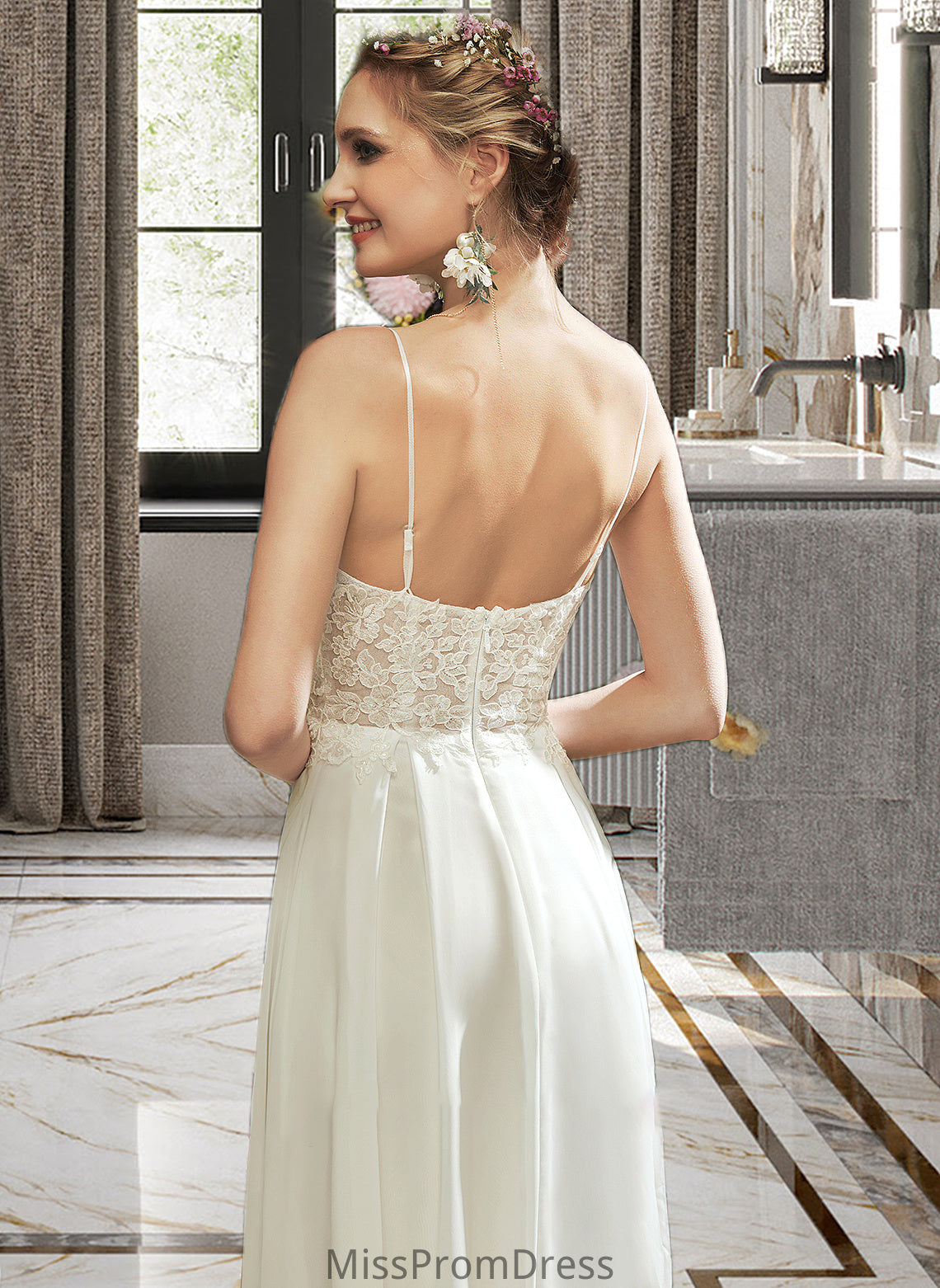 Annabelle A-Line V-neck Floor-Length Wedding Dress With Lace Split Front HMP0013815