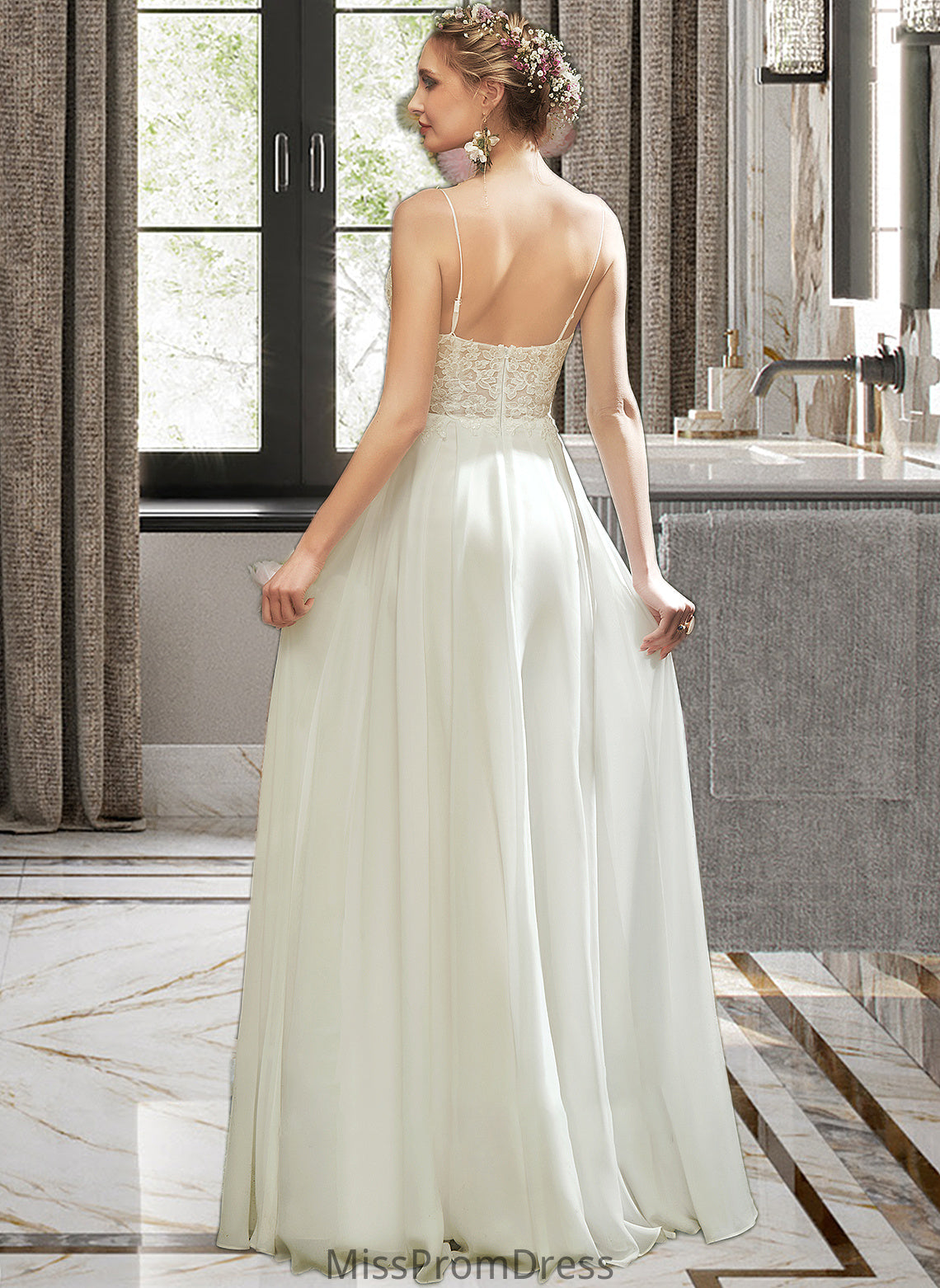 Annabelle A-Line V-neck Floor-Length Wedding Dress With Lace Split Front HMP0013815