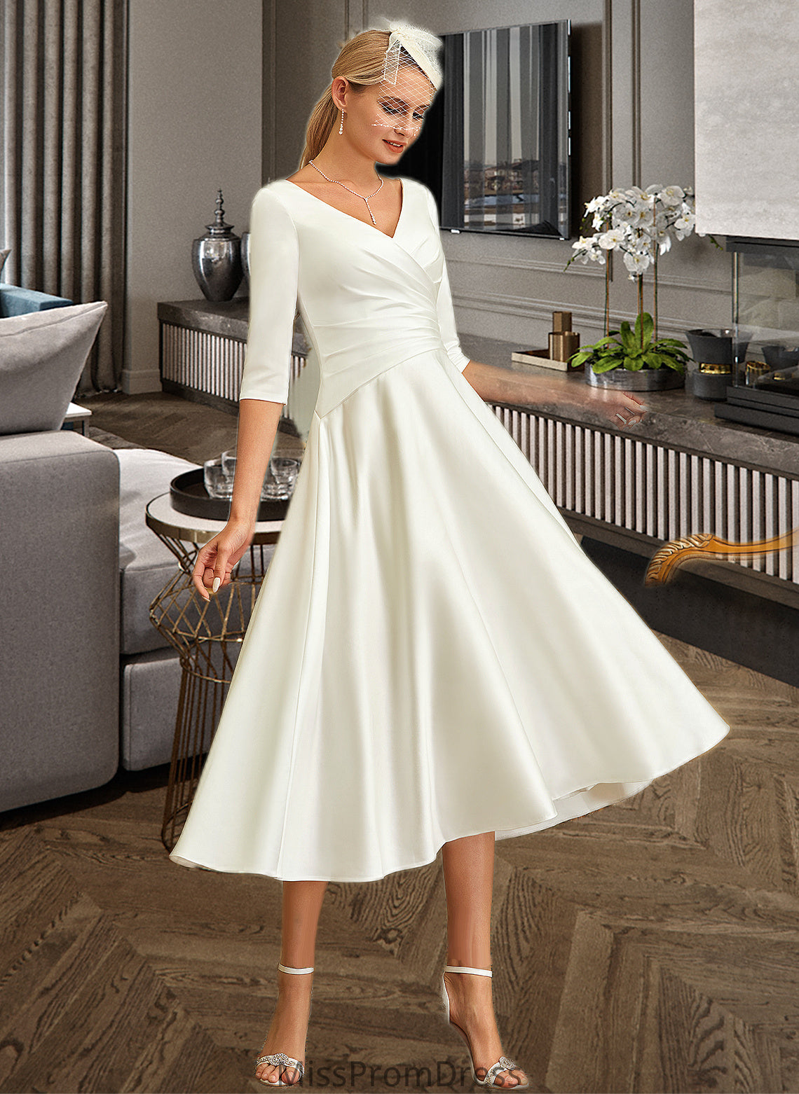 Kathleen A-Line V-neck Tea-Length Satin Wedding Dress HMP0013817