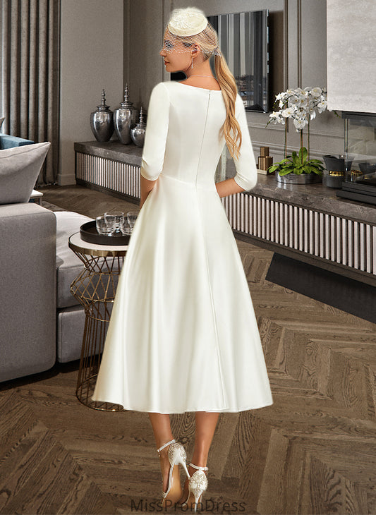 Kathleen A-Line V-neck Tea-Length Satin Wedding Dress HMP0013817