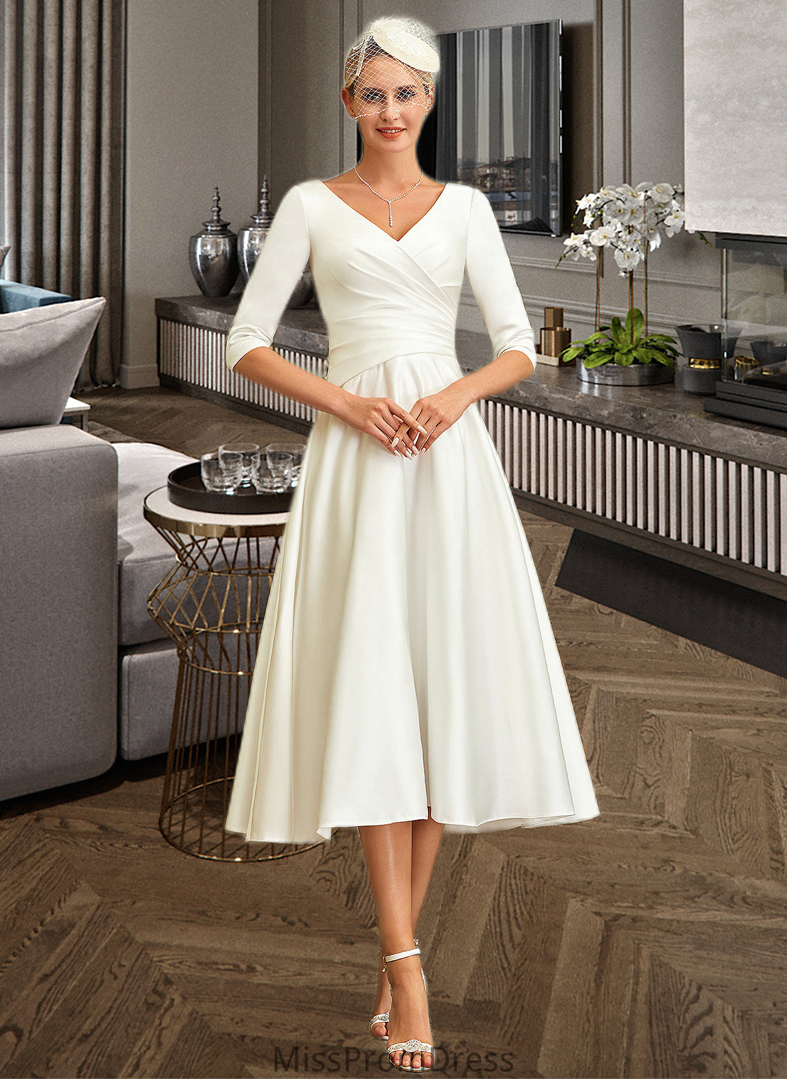 Kathleen A-Line V-neck Tea-Length Satin Wedding Dress HMP0013817