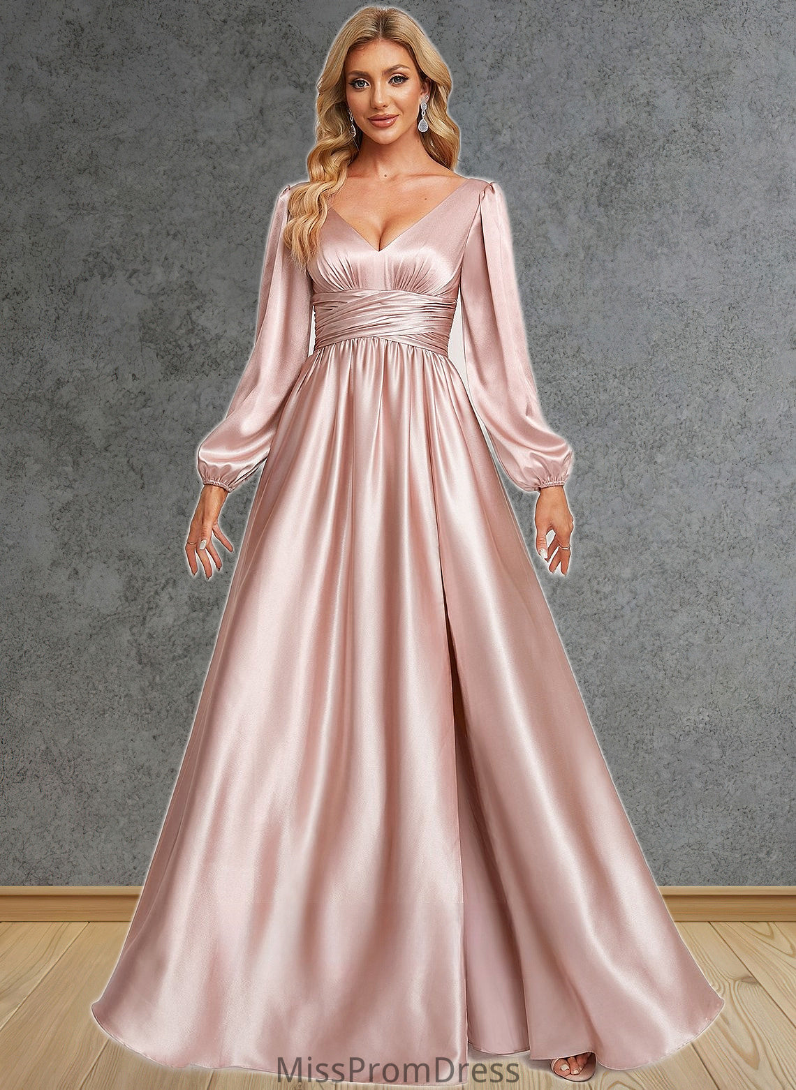 Shania A-line V-Neck Floor-Length Stretch Satin Prom Dresses HMP0025880