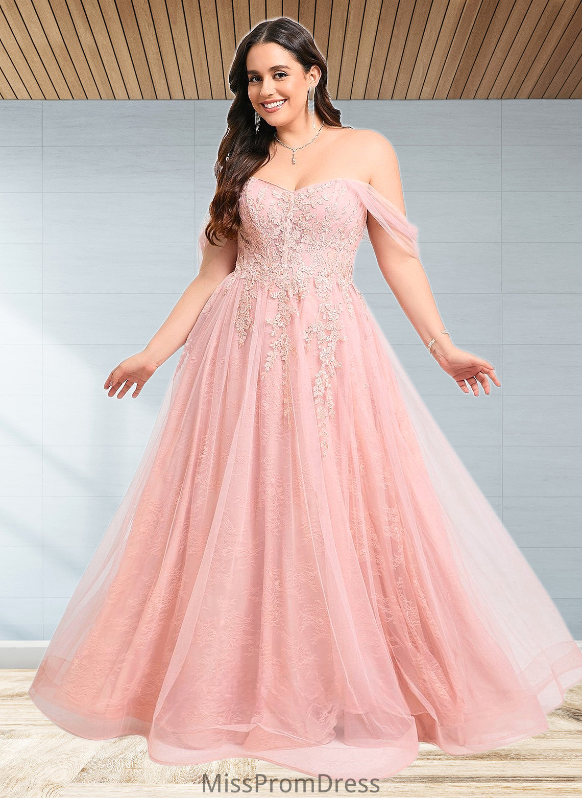 Elvira A-line Sweetheart Off the Shoulder Floor-Length Tulle Floral Lace Prom Dresses With Appliques Lace HMP0025870