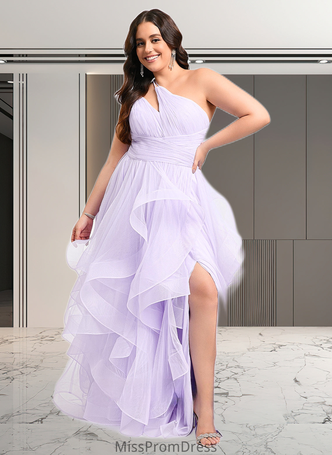 Luciana Ball-Gown/Princess Asymmetrical One Shoulder Floor-Length Tulle Prom Dresses HMP0025867